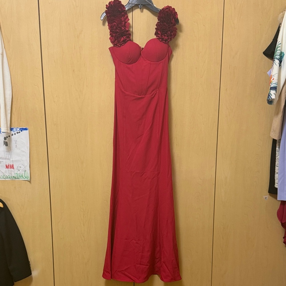 Fashion Nova Red Maxi Dress with Floral Straps
